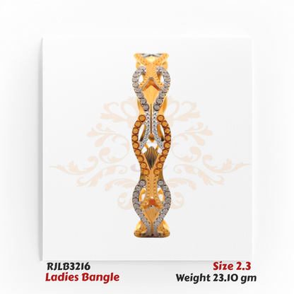 Front view of a gold ladies bangle with an elaborate openwork wave pattern, encrusted with alternating white and yellow stones, creating a dazzling and modern statement piece. Model RJLB3216