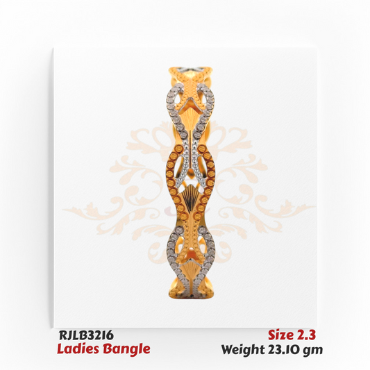 Front view of a gold ladies bangle with an elaborate openwork wave pattern, encrusted with alternating white and yellow stones, creating a dazzling and modern statement piece. Model RJLB3216