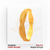 Angled view of a gold ladies bangle featuring an intricate leaf-inspired textured pattern along the center, bordered by fine detailing for a graceful and traditional look. Model RJLB3635.