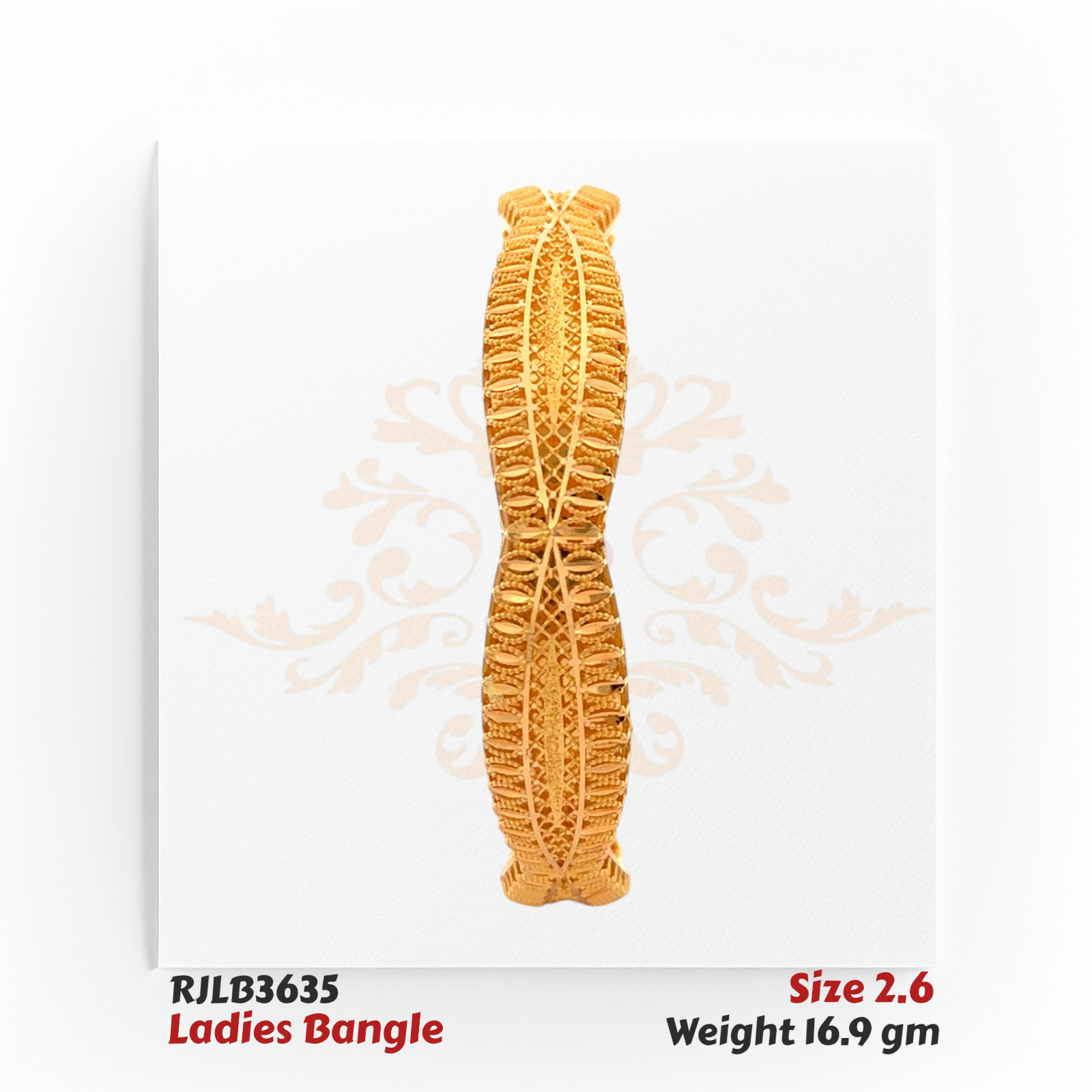 Front view of a gold ladies bangle with an elaborate leaf-inspired textured pattern, bordered by fine detailing, creating a sophisticated and traditional design. Model RJLB3635.