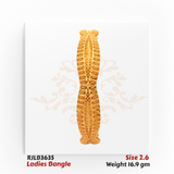 Front view of a gold ladies bangle with an elaborate leaf-inspired textured pattern, bordered by fine detailing, creating a sophisticated and traditional design. Model RJLB3635.