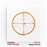 Top view of an elegant gold ladies bangle featuring a finely detailed crisscross lattice pattern along the edges, adding texture and sophistication. Model RJLB3635.