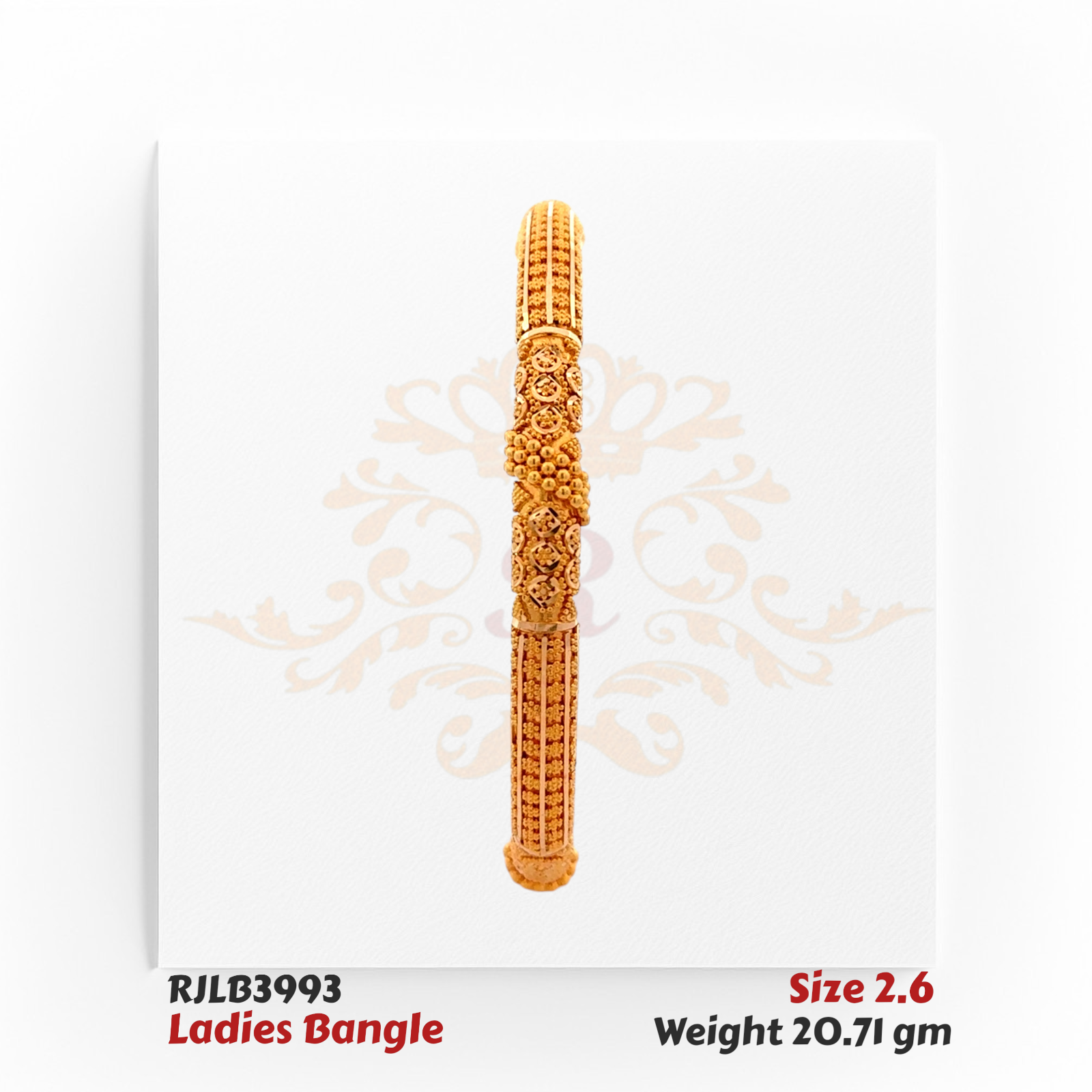 Front view of a gold ladies bangle adorned with intricate floral and swirl engravings, highlighted by a raised dome cluster centerpiece and finely textured segments for an ornate traditional look. Model RJLB3993.