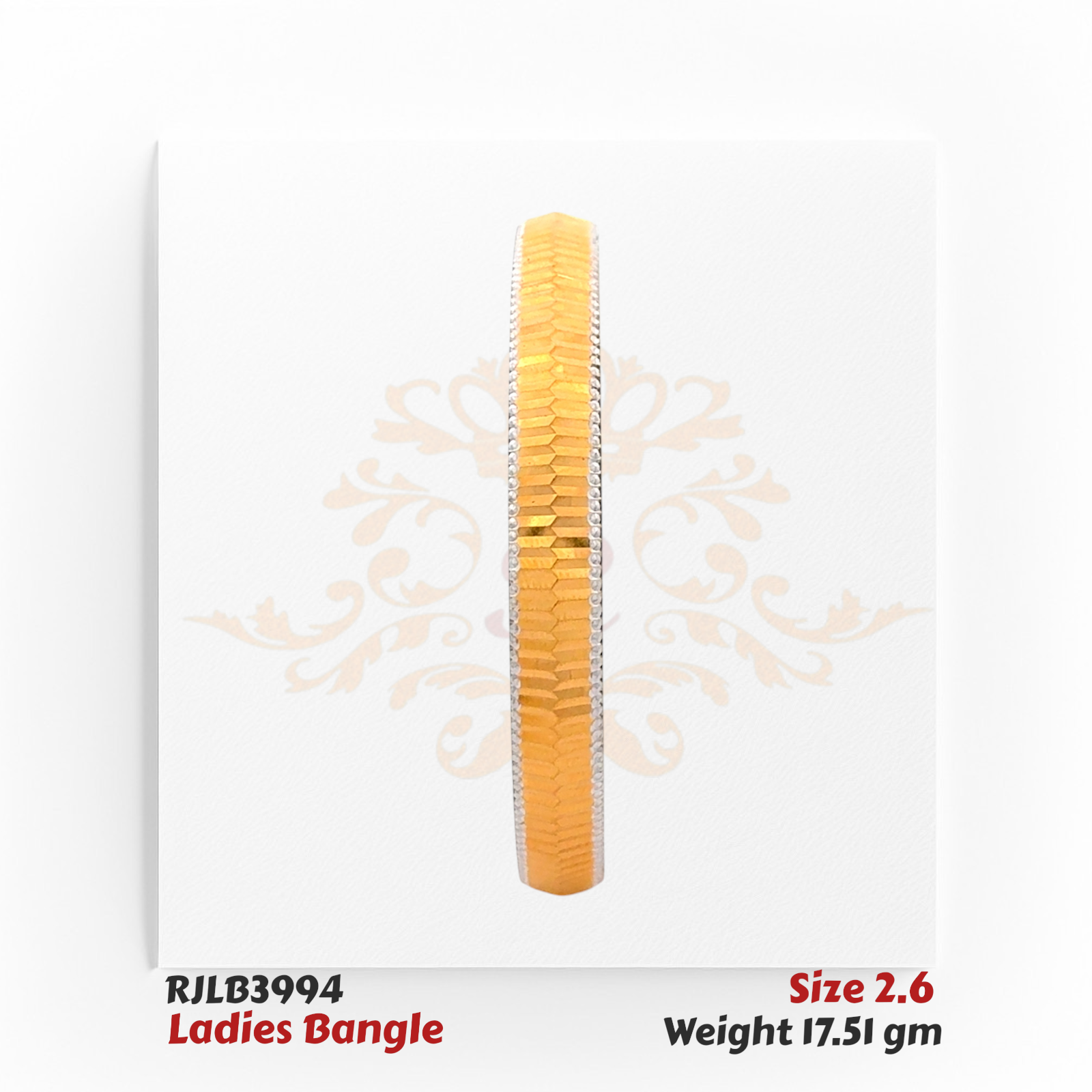 Front view of a gold ladies bangle with a central row of finely faceted gold segments bordered by white-edged detailing, offering a sleek and contemporary design. Model RJLB3994.