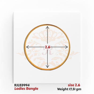 Top view of a sleek gold ladies bangle with a smooth, minimalist design and a fine beaded edge, offering a refined and elegant look. Model RJLB3994.