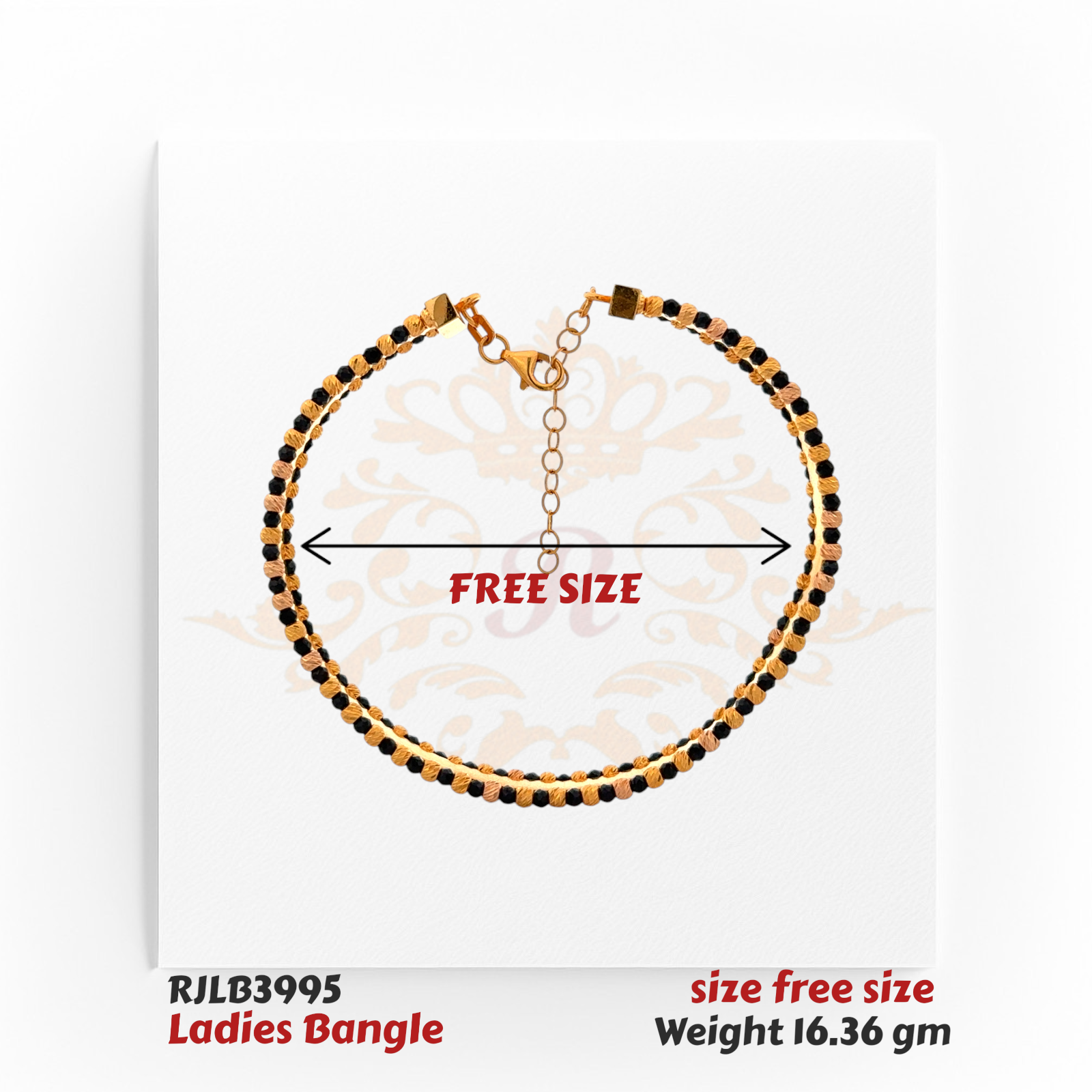 Top view of an adjustable gold ladies bangle adorned with alternating black and gold bead accents, featuring a linked chain clasp for a customizable fit. Model RJLB3995.