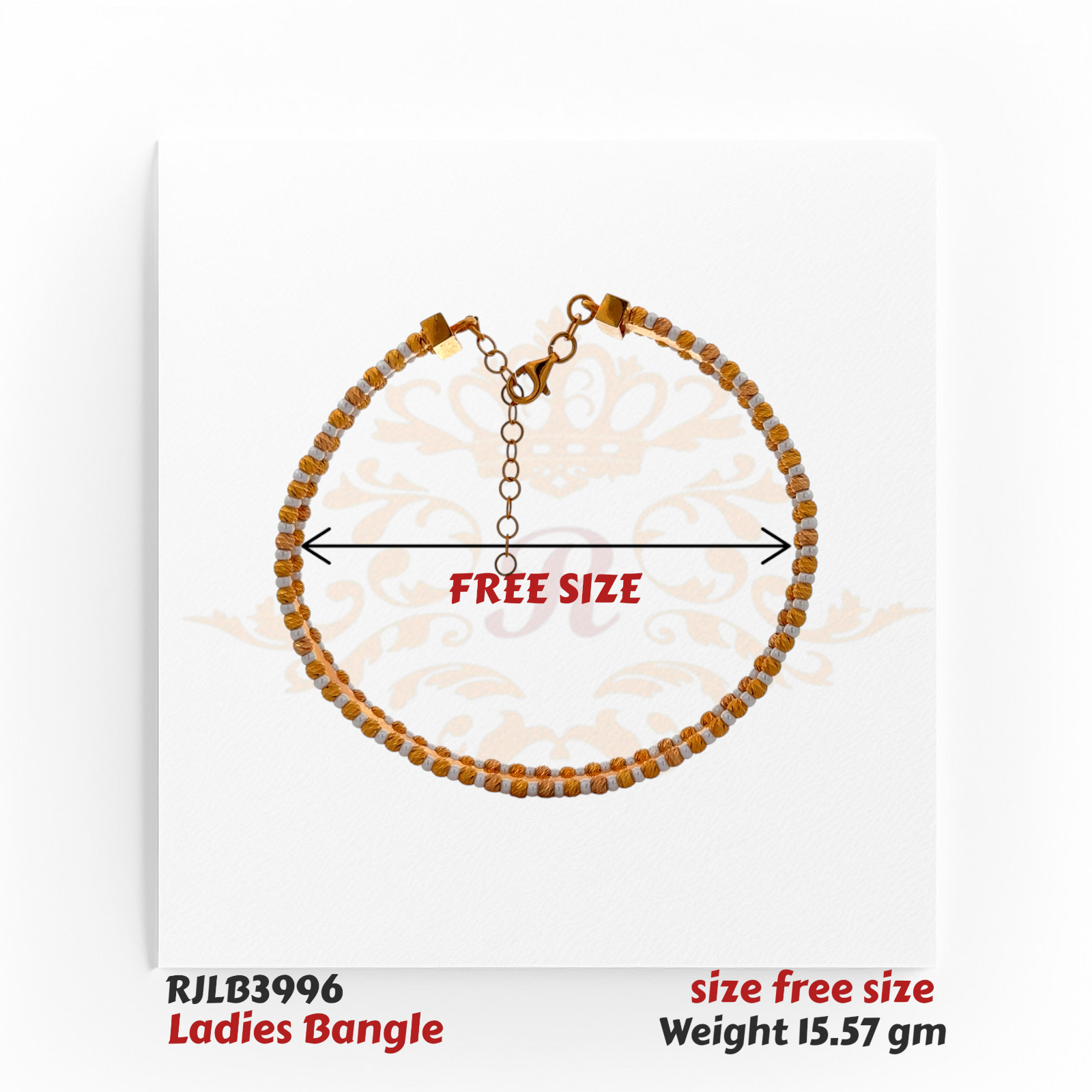 Top view of an adjustable gold ladies bangle featuring alternating textured and smooth bead segments, complete with a linked chain clasp for a customizable fit. Model RJLB3996.