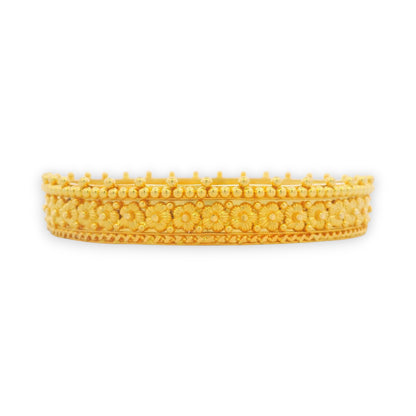 Side profile of 22kt gold bangles with intricate floral motifs and textured dome pattern, Regal Jewels Chicago – RJLB3012.