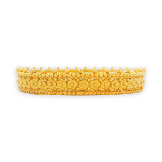 Side profile of 22kt gold bangles with intricate floral motifs and textured dome pattern, Regal Jewels Chicago – RJLB3012.