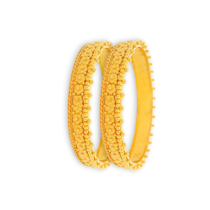 Pair of 22kt gold floral textured bangles with dome detailing, bold and traditional design, Regal Jewels Chicago – RJLB3012.