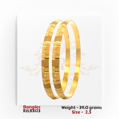 22kt Gold Bangles RJLB3123 – A 39.0-gram, size 2.5 bangle set with a refined textured finish. Perfect for elegant occasions. Available at Regal Jewels.