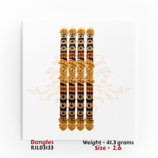 22kt gold bangle set featuring red and blue enamel with floral green accents and intricate goldwork, product code RJLB3133, weight 41.3 grams, size 2.6.