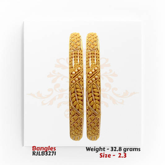22kt Gold Bangles RJLB3271 – A 32.8-gram, size 2.3 traditional bangle set with intricate filigree and floral detailing. Available at Regal Jewels.