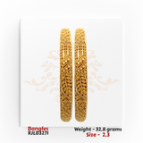 22kt Gold Bangles RJLB3271 – A 32.8-gram, size 2.3 traditional bangle set with intricate filigree and floral detailing. Available at Regal Jewels.