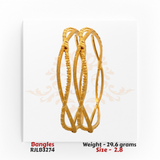 22kt Gold Bangles RJLB3274 – A 29.6-gram, size 2.8 bangle set with a crisscross openwork design and textured gold finish. Available at Regal Jewels.