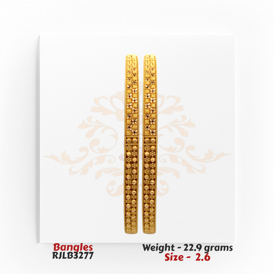 22kt Gold Bangles RJLB3277 – A 22.9-gram, size 2.6 bangle set with intricate floral and bead engravings. Available at Regal Jewels.