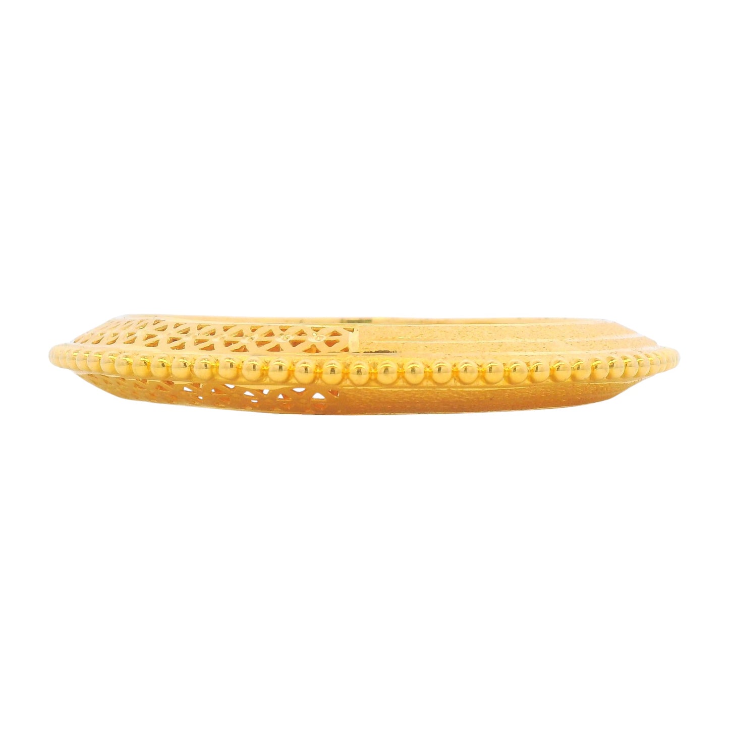 RJLB3280 22kt Gold Bangle – side profile showcasing beaded border and fine lattice-style cutwork pattern.