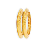22kt Gold Ladies Bangles RJLB3280 – elegant pair of kada bangles with bead edging and geometric lattice cutwork, angled side view showcasing fine craftsmanship – Regal Jewels Chicago