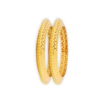 22kt Gold Ladies Bangles RJLB3280 – elegant pair of kada bangles with bead edging and geometric lattice cutwork, angled side view showcasing fine craftsmanship – Regal Jewels Chicago