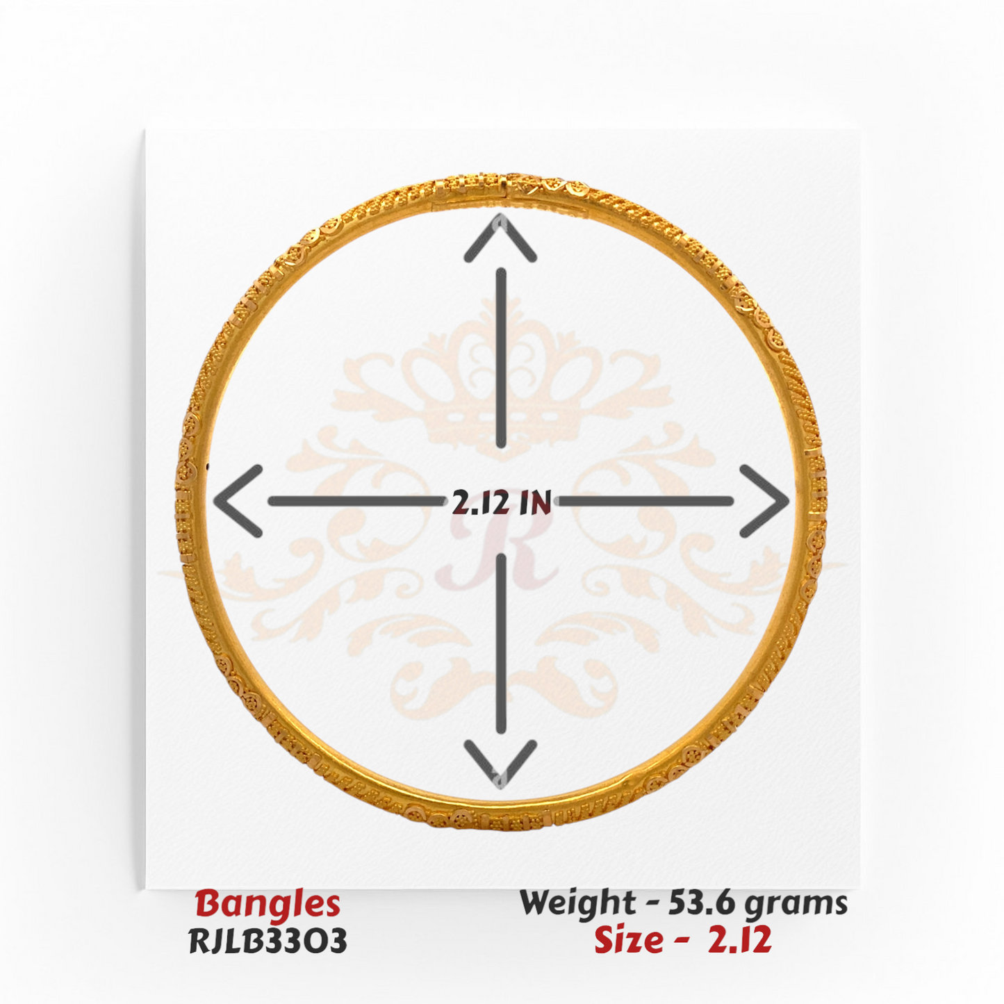 Single RJLB3303 bangle shown with directional arrows and labeled diameter of 2.12 inches.