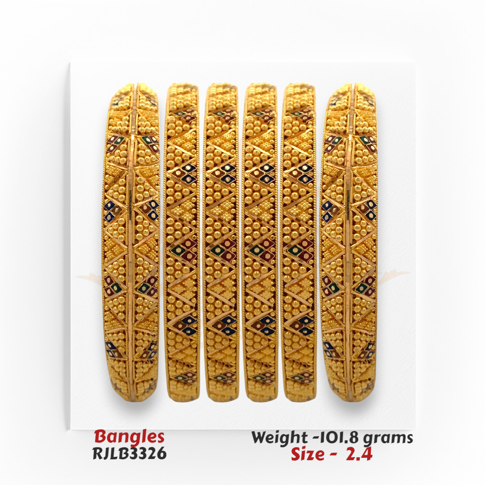 22kt gold bangle set with intricate geometric pattern and beaded accents, product code RJLB3326, weight 101.8 grams, size 2.4.