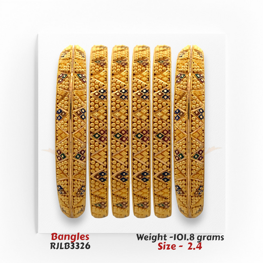 22kt gold bangle set with intricate geometric pattern and beaded accents, product code RJLB3326, weight 101.8 grams, size 2.4.