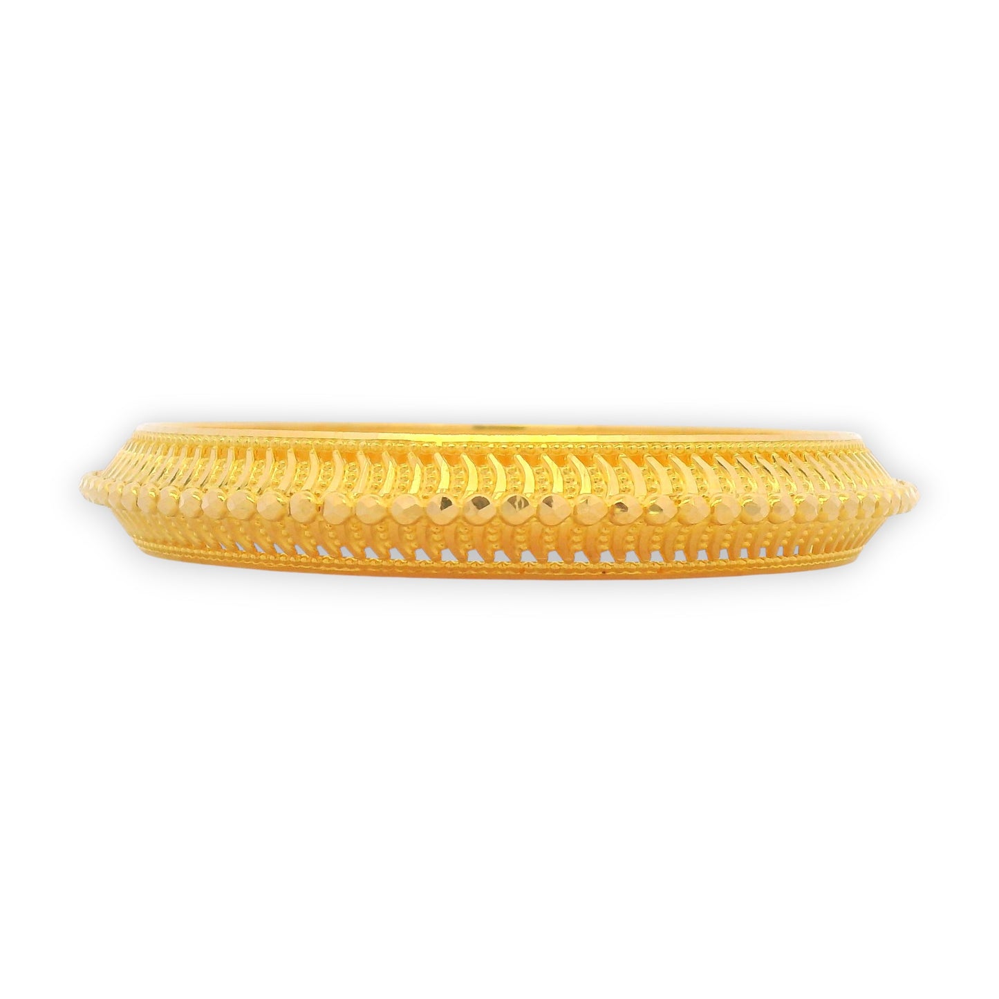 22kt Gold Ladies Bangle RJLB3347A – elegant wide kada with textured beadwork and layered cut design, shown in side profile for detailing – Regal Jewels Chicago