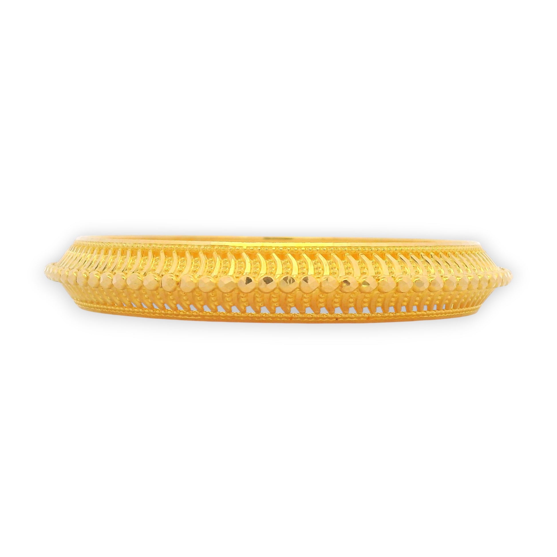 22kt Gold Ladies Bangle RJLB3347A – elegant wide kada with textured beadwork and layered cut design, shown in side profile for detailing – Regal Jewels Chicago