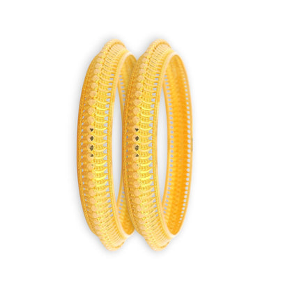 22kt Gold Ladies Bangles RJLB3347 – elegant pair of kada bangles with textured beadwork and polished cut design, angled side profile view – Regal Jewels Chicago