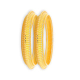 22kt Gold Ladies Bangles RJLB3347 – elegant pair of kada bangles with textured beadwork and polished cut design, angled side profile view – Regal Jewels Chicago
