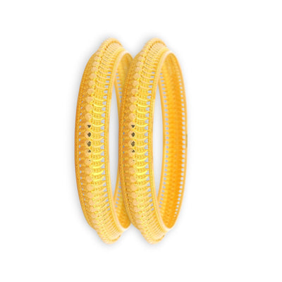 22kt Gold Ladies Bangles RJLB3347 – elegant pair of kada bangles with textured beadwork and polished cut design, angled side profile view – Regal Jewels Chicago
