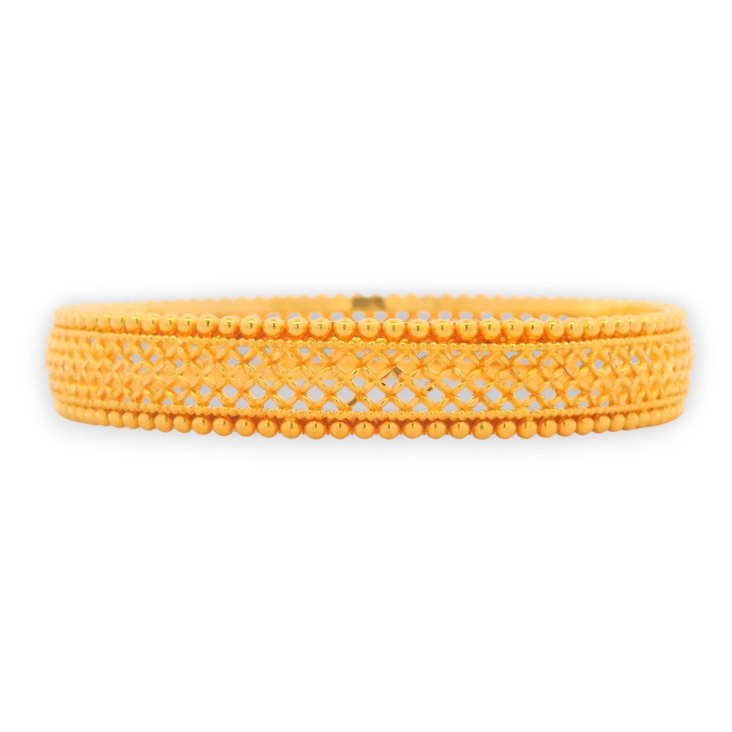 22kt Gold Ladies Bangle RJLB3356A – elegant kada with crisscross cutwork and bead edging design, shown in side profile view for detailing – Regal Jewels Chicago