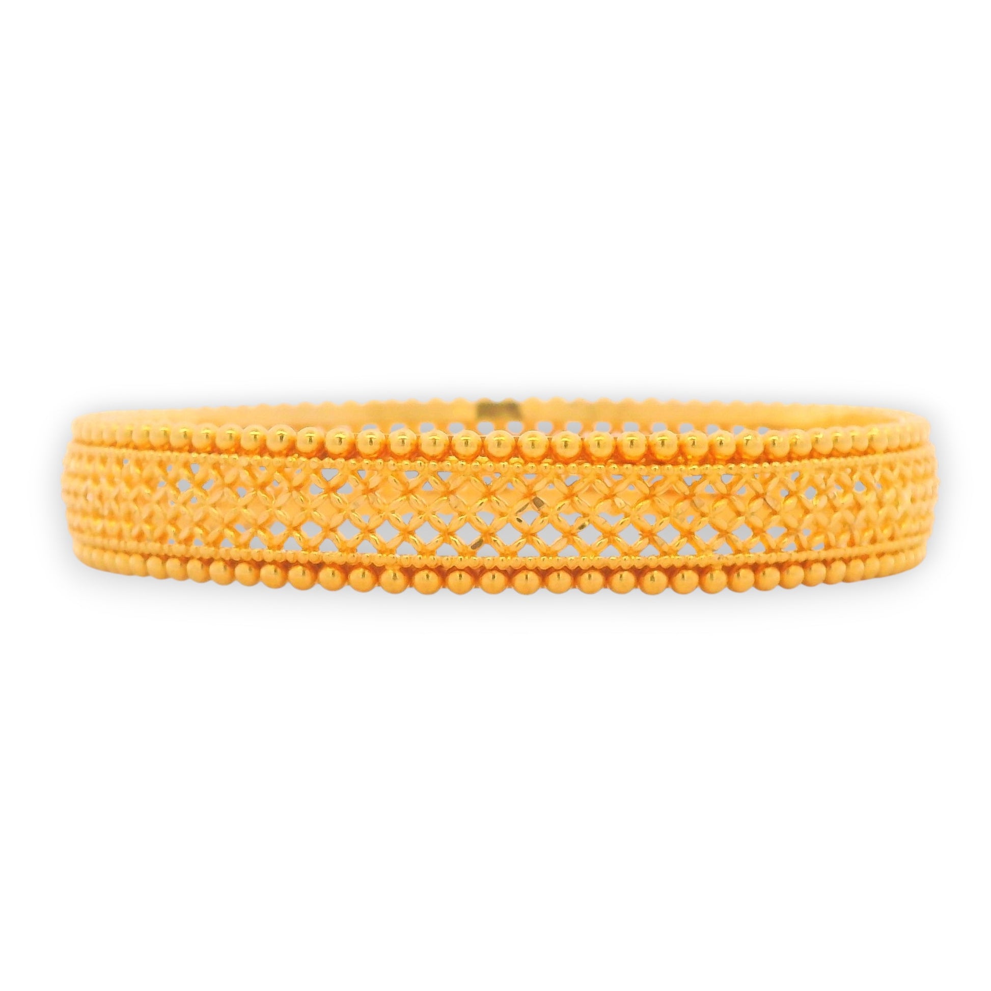 22kt Gold Ladies Bangle RJLB3356A – elegant kada with crisscross cutwork and bead edging design, shown in side profile view for detailing – Regal Jewels Chicago