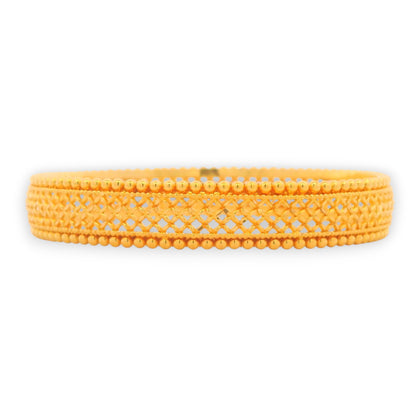 22kt Gold Ladies Bangle RJLB3356A – elegant kada with crisscross cutwork and bead edging design, shown in side profile view for detailing – Regal Jewels Chicago