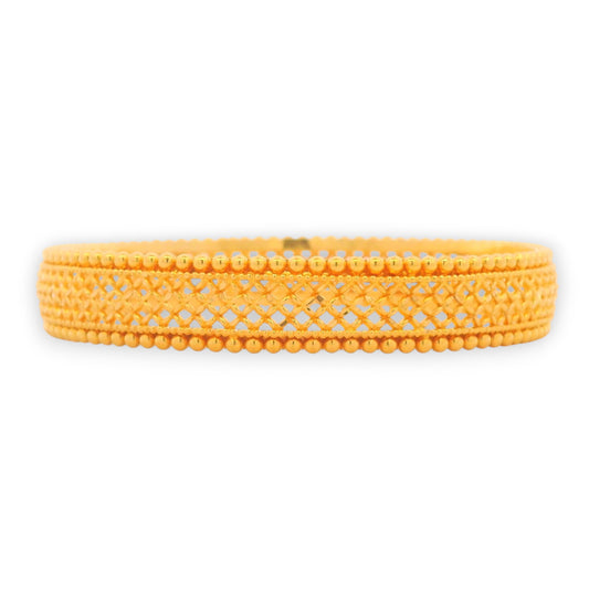 22kt Gold Ladies Bangle RJLB3356A – elegant kada with crisscross cutwork and bead edging design, shown in side profile view for detailing – Regal Jewels Chicago