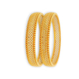 22kt Gold Ladies Bangles RJLB3356 – elegant pair of kada bangles with crisscross lattice cutwork and bead edging, angled view showcasing fine craftsmanship – Regal Jewels Chicago
