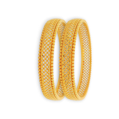 22kt Gold Ladies Bangles RJLB3356 – elegant pair of kada bangles with crisscross lattice cutwork and bead edging, angled view showcasing fine craftsmanship – Regal Jewels Chicago