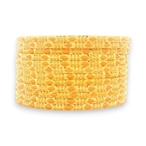 22kt Gold Bangles – Slim Kada Stack with Traditional Textured Detailing, Front View of Complete Set – RJLB3567A