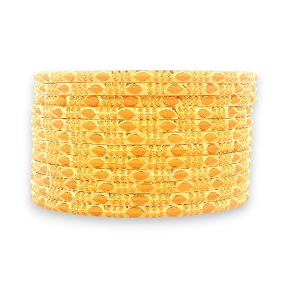 22kt Gold Bangles – Slim Kada Stack with Traditional Textured Detailing, Front View of Complete Set – RJLB3567A