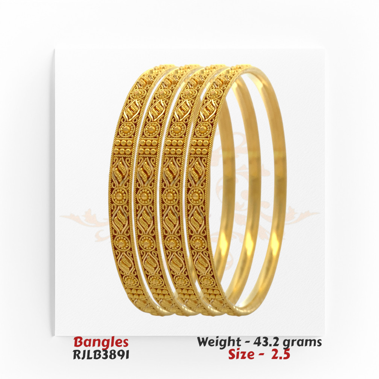 Angled side view of RJLB3891 showcasing ornate gold texture and smooth inner surface ideal for daily or festive wear.