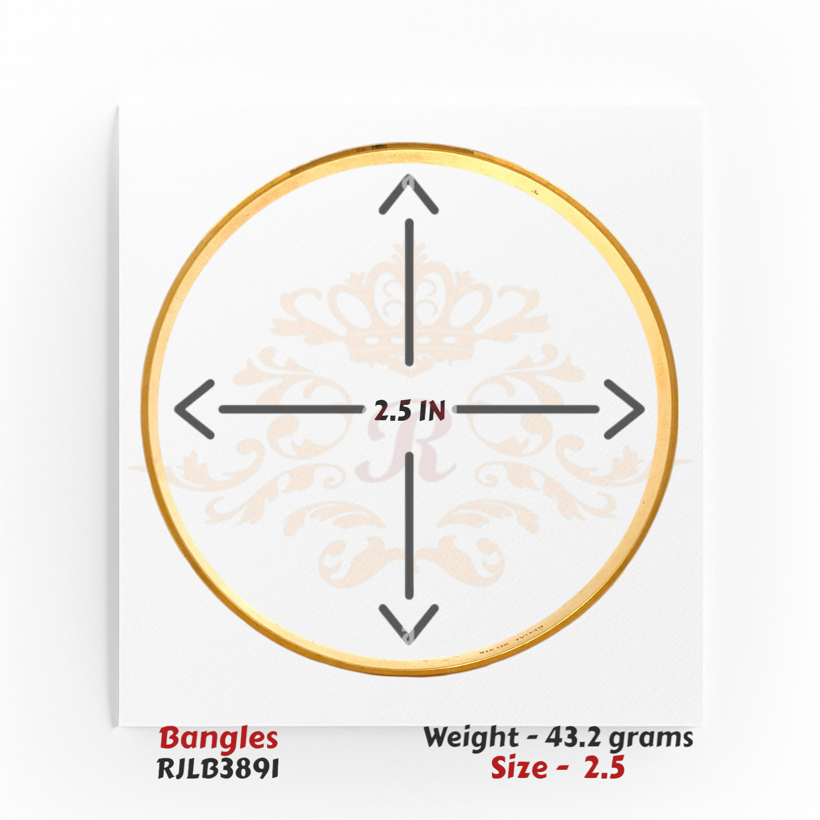 Single RJLB3891 bangle shown with labeled directional arrows indicating a 2.5-inch inner diameter.