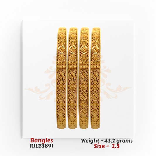 22kt gold bangle set featuring traditional floral and swirl motifs with intricate etching, product code RJLB3891, weight 43.2 grams, size 2.5.