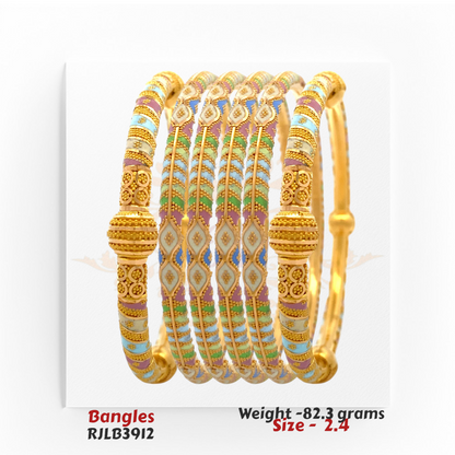 Set of 22kt gold bangles with ornate embossed detailing and intricate cutout motifs. Product code RJLB3434, size 2.9, weight 88.6 grams.