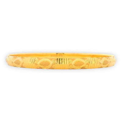 22kt Gold Ladies Bangle RJLB4024A – traditional kada with engraved oval and line motifs, polished textured finish, side profile view – Regal Jewels Chicago