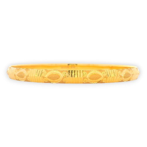 22kt Gold Ladies Bangle RJLB4024A – traditional kada with engraved oval and line motifs, polished textured finish, side profile view – Regal Jewels Chicago