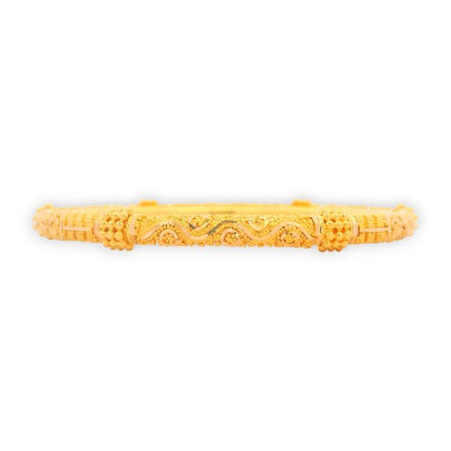 22kt Gold Ladies Bangle RJLB4025A – traditional kada with intricate engraved swirl motifs and embossed detailing, side profile view showcasing fine craftsmanship – Regal Jewels Chicago