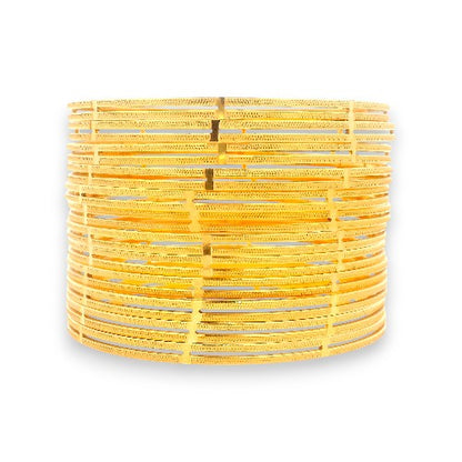 22kt Gold Bangles – Slim Kada Set with Fine Cutwork Detailing, Front View of Complete Stack – RJLB4035A