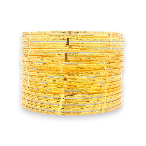 22kt Gold Bangles – Slim Kada Set with Fine Cutwork Detailing, Front View of Complete Stack – RJLB4035A