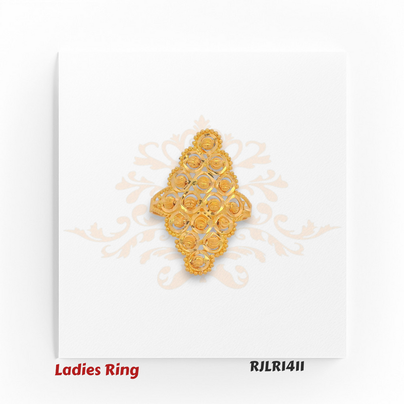 Gold ladies ring in an elongated marquise shape, adorned with swirling floral filigree and delicate beaded edging, creating a bold and captivating statement piece. Model RJLR1411