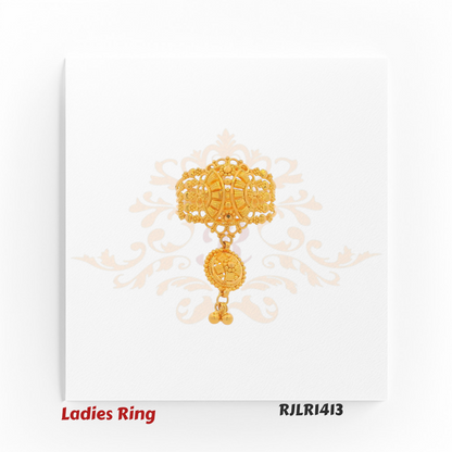 Elaborate gold ladies ring with layered filigree, intricate beadwork, and an extended dangling charm for a statement ethnic piece. RJLR1413